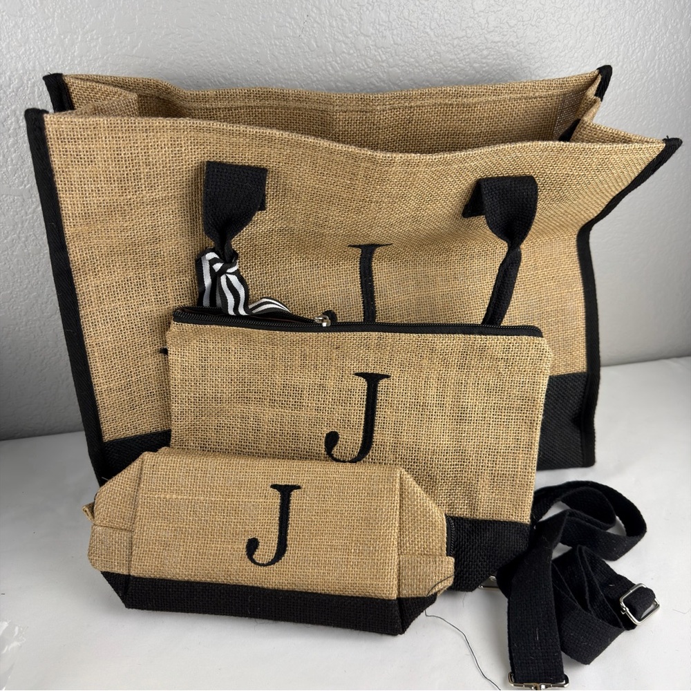 NWOT Jute Tote Bag 3 piece Set with Black Accent Letter J - Picture 2 of 11